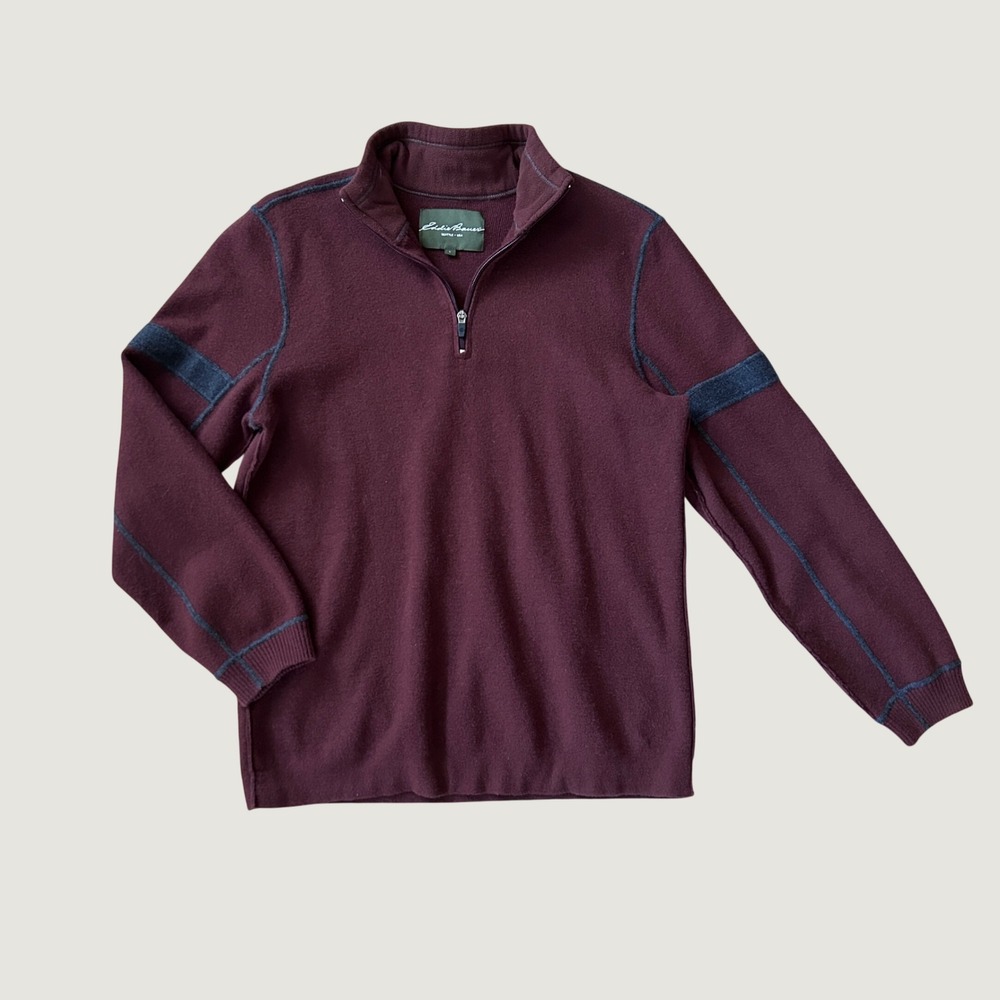 Eddie Bauer Mens L Burgundy Wool Blend Quarter Zip Pullover Sweater Gray Stripe